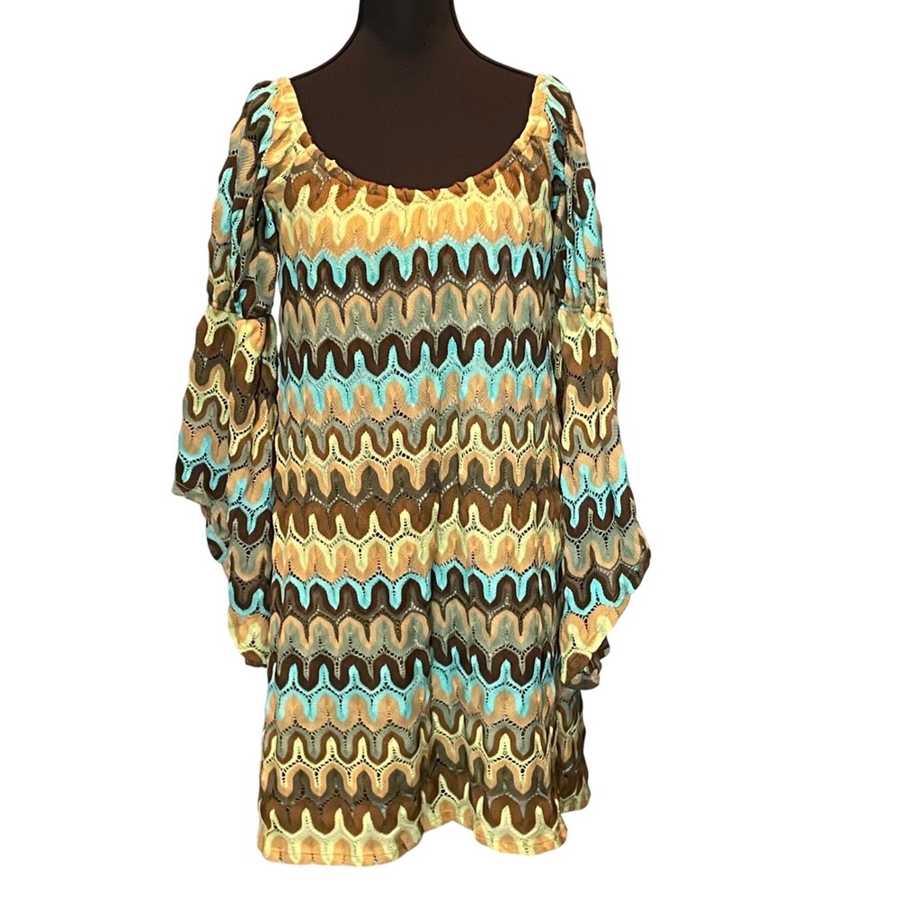 VaVa by Joy Han L Brown Turquoise Chevron Crochet Bell Sleeve Dress Boho Chic